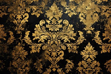 Shabby chic background with a textured damask pattern in, velvet black and metallic gold, very elegant, wallpaper