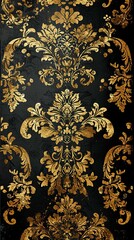 Shabby chic background with a textured damask pattern in, velvet black and metallic gold, very elegant, wallpaper
