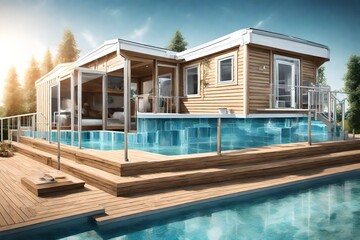 Fototapeta premium Close-up view of a mobile home with swimming pool, showcasing the intricate details of its wooden deck and the crystal-clear blue of the pool.