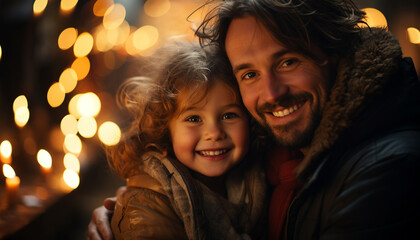 Smiling family embraces winter joy, celebrating love and togetherness generated by AI