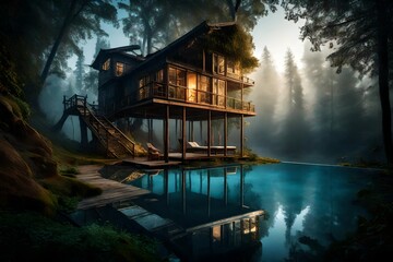 Dawn view of a tree house with swimming pool, with mist rising from the forest floor and the tranquil pool mirroring the awakening sky. - obrazy, fototapety, plakaty