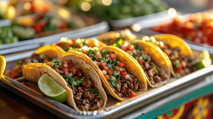 Street Food Tacos Unwind: Lively Street Market Scene with Freshly Made Tacos, Grilled Meat, Salsa, Lime on Paper Plate