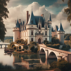Scenic View of a Elegant Magnificent Medieval Chateau Renaissance Palace with Semi-Circular Towers...