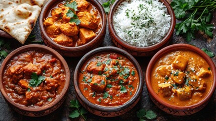 Indian Curry Feast Unwind: Vibrant Cultural Setting with Indian Dishes Like Butter Chicken, Naan, Rice in Traditional Clay Dishes
