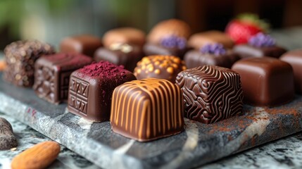 Handmade Chocolate Bonbons Unwind: Artisan Chocolate Bonbons on Marble Slab, Luxurious Boutique Shop Setting, Intricate Designs