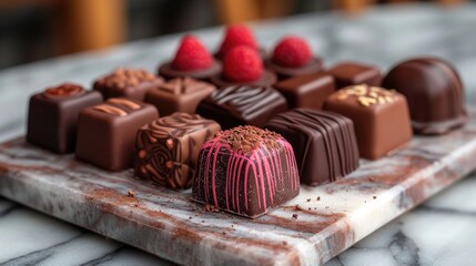 Handmade Chocolate Bonbons Unwind: Artisan Chocolate Bonbons on Marble Slab, Luxurious Boutique Shop Setting, Intricate Designs