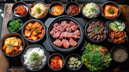 Korean BBQ Table Unwind: Lively Authentic Korean Restaurant with Various Meats Grilling, Side Dishes, Sauces on BBQ Table