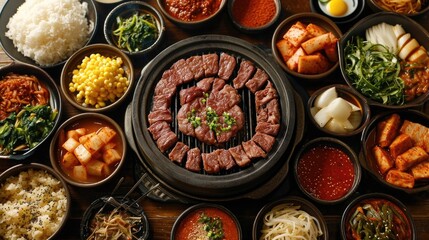 Korean BBQ Table Unwind: Lively Authentic Korean Restaurant with Various Meats Grilling, Side Dishes, Sauces on BBQ Table