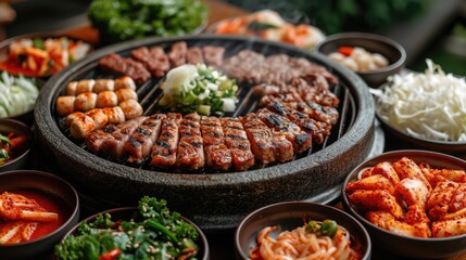 Korean BBQ Table Unwind: Lively Authentic Korean Restaurant with Various Meats Grilling, Side Dishes, Sauces on BBQ Table