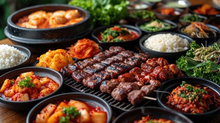 Korean BBQ Table Unwind: Lively Authentic Korean Restaurant with Various Meats Grilling, Side Dishes, Sauces on BBQ Table