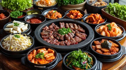 Korean BBQ Table Unwind: Lively Authentic Korean Restaurant with Various Meats Grilling, Side Dishes, Sauces on BBQ Table