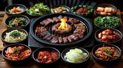 Korean BBQ Table Unwind: Lively Authentic Korean Restaurant with Various Meats Grilling, Side Dishes, Sauces on BBQ Table