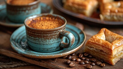 Turkish Coffee and Baklava Unwind: Cozy Middle Eastern Café with Traditional Turkish Coffee Set, Baklava on Saucer