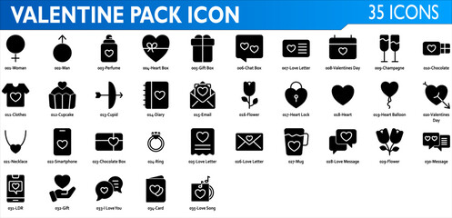 Valentine icon set. Containing clothes, perfume, love letter, ring, chocolate box, necklace, cupcake, cupid, diary, flower, heart lock, chat box, gift box and heart box. Solid syle collection