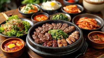 Korean BBQ Table Unwind: Lively Authentic Korean Restaurant with Various Meats Grilling, Side Dishes, Sauces on BBQ Table