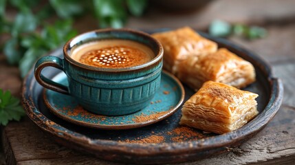 Turkish Coffee and Baklava Unwind: Cozy Middle Eastern Café with Traditional Turkish Coffee Set, Baklava on Saucer