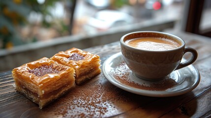 Turkish Coffee and Baklava Unwind: Cozy Middle Eastern Café with Traditional Turkish Coffee Set, Baklava on Saucer