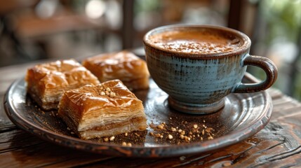 Turkish Coffee and Baklava Unwind: Cozy Middle Eastern Café with Traditional Turkish Coffee Set, Baklava on Saucer