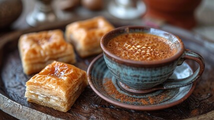 Turkish Coffee and Baklava Unwind: Cozy Middle Eastern Café with Traditional Turkish Coffee Set, Baklava on Saucer