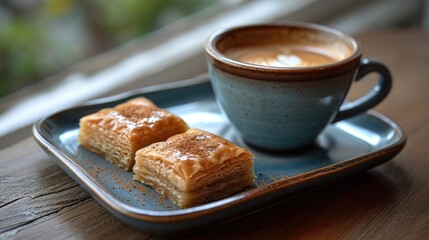 Turkish Coffee and Baklava Unwind: Cozy Middle Eastern Café with Traditional Turkish Coffee Set, Baklava on Saucer