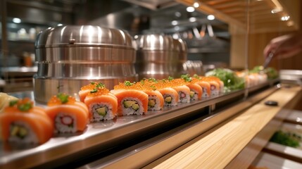 Upscale Sushi Conveyor Unwind: Sleek Contemporary Sushi Restaurant with Modern Conveyor Belt, Variety of Sushi Dishes