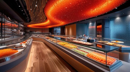 Upscale Sushi Conveyor Unwind: Sleek Contemporary Sushi Restaurant with Modern Conveyor Belt, Variety of Sushi Dishes