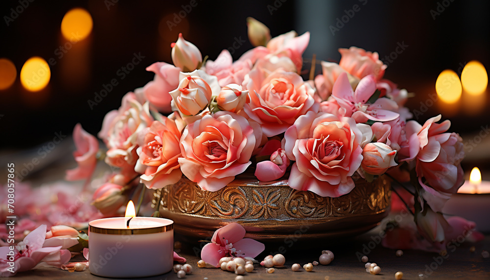 Sticker romantic pink candle illuminates nature beauty in still life generated by ai