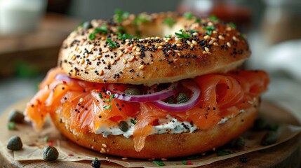 Smoked Salmon Bagel Unwind: Gourmet Bagel with Cream Cheese, Smoked Salmon on Chic Café Table, Bright Morning Ambiance