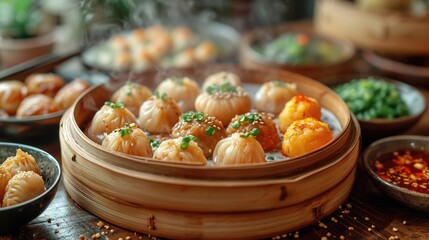 Dim Sum Assortment Unwind: Steaming Bamboo Basket of Assorted Dim Sum in Traditional Chinese Restaurant, Lively Atmosphere