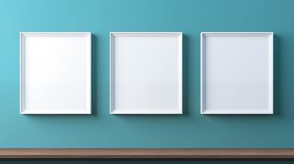 Three empty white picture frames on a blue wall above a wooden shelf, ready for artwork display