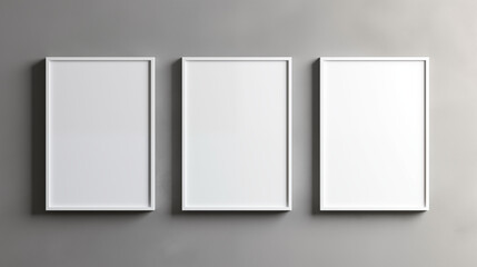 Three blank white frames displayed in a row on a grey wall, ideal for art presentation 
