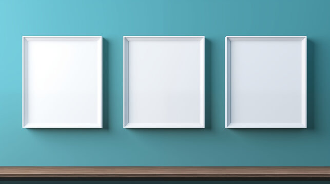 Three empty white picture frames on a blue wall above a wooden shelf, ready for artwork display