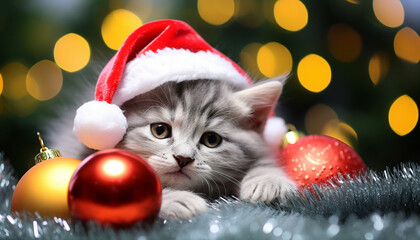 Fototapeta na wymiar Cute kitten looking at gift under Christmas tree generated by AI