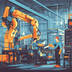 Flat Cartoon Banner of Robot Manufacture Process. Man