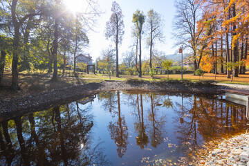Peaceful lake surrounded by autumn trees and blue sky with reflections in water.	