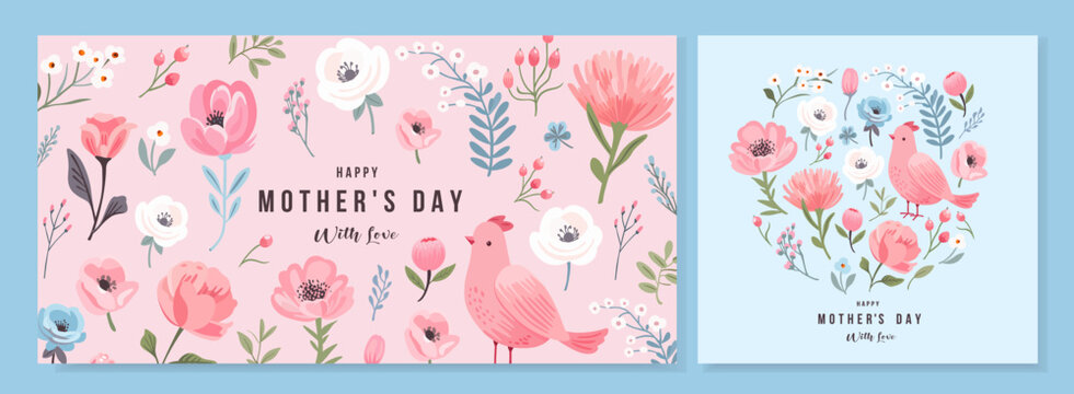 Mother's Day card. Spring summer bright acrylic floral design template for ads promo. Vector trendy paints banner, poster, flyer, label or cover with flowers frame, abstract floral pattern.