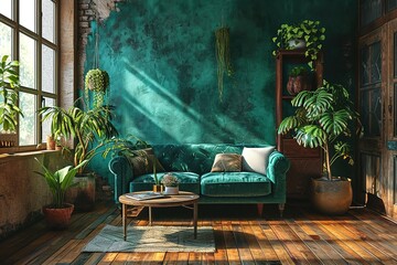 On a green wall with wooden floors, there is a green sofa and table.