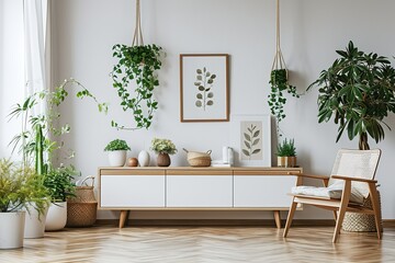 Poster above cupboard with plant in white living room interior with copy space. Real photo. Place for your product