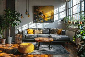 Pouf and wooden table in modern living room with painting above grey corner couch. Real photo