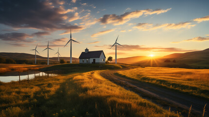 Windmill and solar battery. Concept of alternative green energy