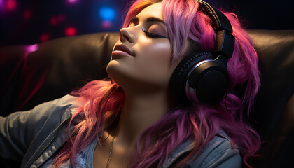 Young woman enjoying music with headphones at a fashionable nightclub generated by AI