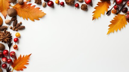 Autumn leaves and berries on white background, flat lay. Space for text