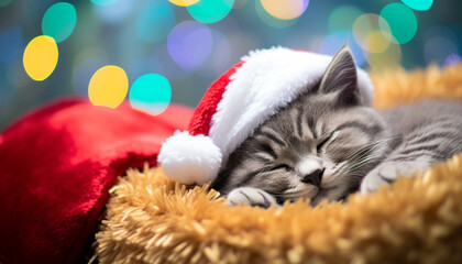 Cute kitten sleeping, surrounded by winter decorations generated by AI