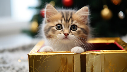 Cute kitten sitting by Christmas tree, staring generated by AI