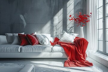 Red Throw on White Sofa in Modern Living Room