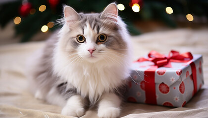 Cute kitten sitting by Christmas tree, looking cozy generated by AI