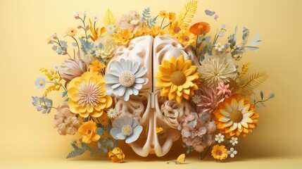 Human brain with flowers and leaves on yellow background
