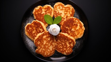 heart shaped pancakes on black background