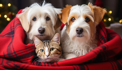 Cute puppy and kitten sitting together indoors generated by AI