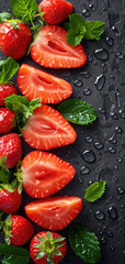 strawberries on black backdrop with water drops